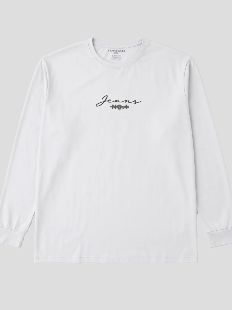 Beyaz Yazılı Erkek Sweatshirt | Bisiklet Yaka Büyük Beden 179