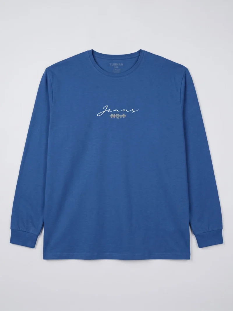 Mavi Yazılı Erkek Sweatshirt | Bisiklet Yaka Büyük Beden 179