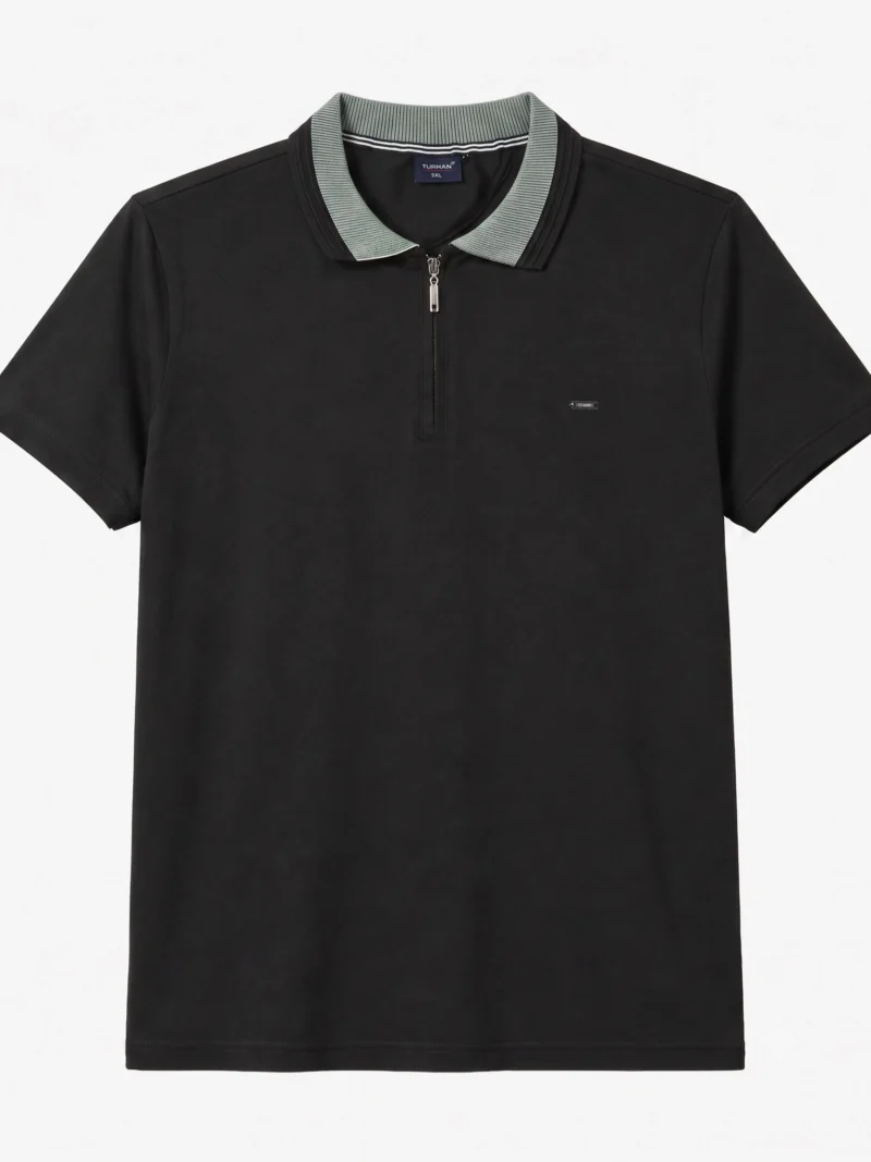 Siyah Erkek Fermuarlı Polo Yaka Tişört | %100 Keten Büyük Beden 662